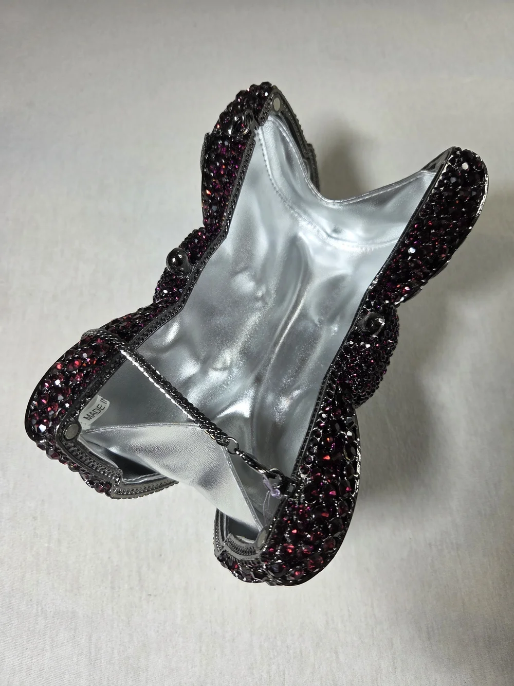 Luxury Purple Rhinestone Bow Clutch Purse Chain Strap Silver Lining Magnetic